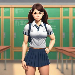 A realistic depiction of a muscular girl in a school setting