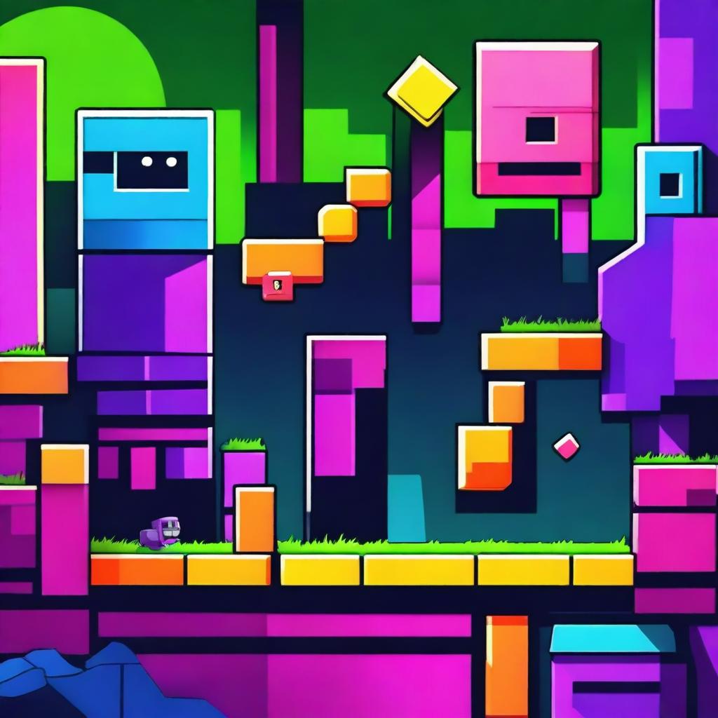 A vibrant and colorful scene inspired by the game Geometry Dash, featuring geometric shapes, platforms, and obstacles