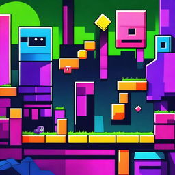 A vibrant and colorful scene inspired by the game Geometry Dash, featuring geometric shapes, platforms, and obstacles