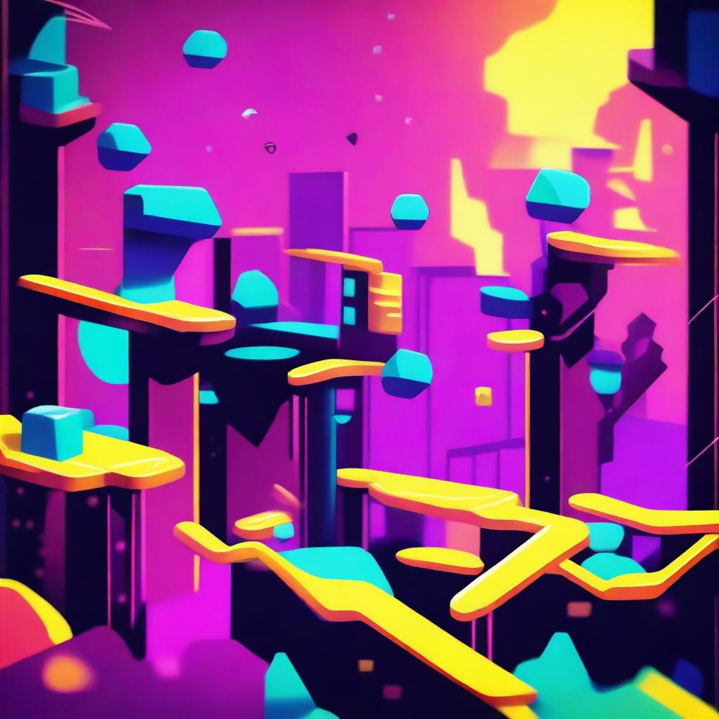 A vibrant and colorful scene inspired by the game Geometry Dash, featuring geometric shapes, platforms, and obstacles