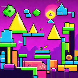 A vibrant and colorful scene inspired by the game Geometry Dash, featuring geometric shapes, platforms, and obstacles