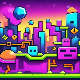 A vibrant and colorful scene inspired by the game Geometry Dash, featuring geometric shapes, platforms, and obstacles