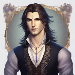 A male bard in his early 20s with medium length hair and no facial hair