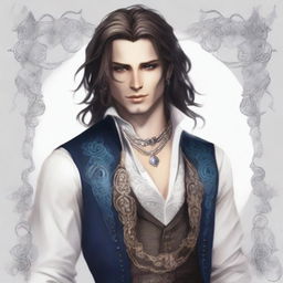 A male bard in his early 20s with medium length hair and no facial hair