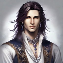 A male bard in his early 20s with medium length hair and no facial hair