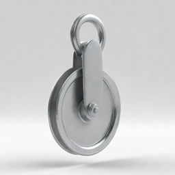 A detailed, realistic rendering of a pulley, made from shiny steel, against a white background