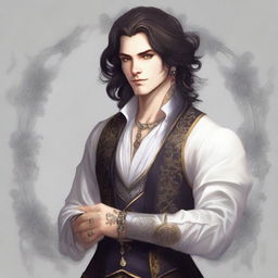 A male bard in his early 20s with medium length hair and no facial hair