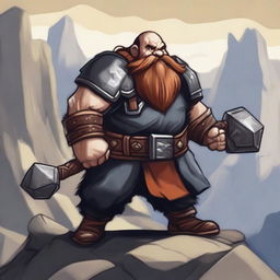 A detailed illustration of a dwarf character, with a stout and muscular build, wearing traditional dwarven armor and wielding a large hammer