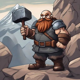 A detailed illustration of a dwarf character, with a stout and muscular build, wearing traditional dwarven armor and wielding a large hammer