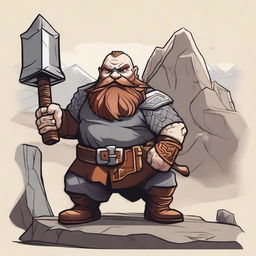 A detailed illustration of a dwarf character, with a stout and muscular build, wearing traditional dwarven armor and wielding a large hammer