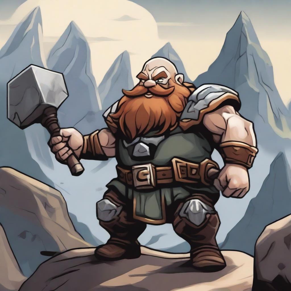 A detailed illustration of a dwarf character, with a stout and muscular build, wearing traditional dwarven armor and wielding a large hammer