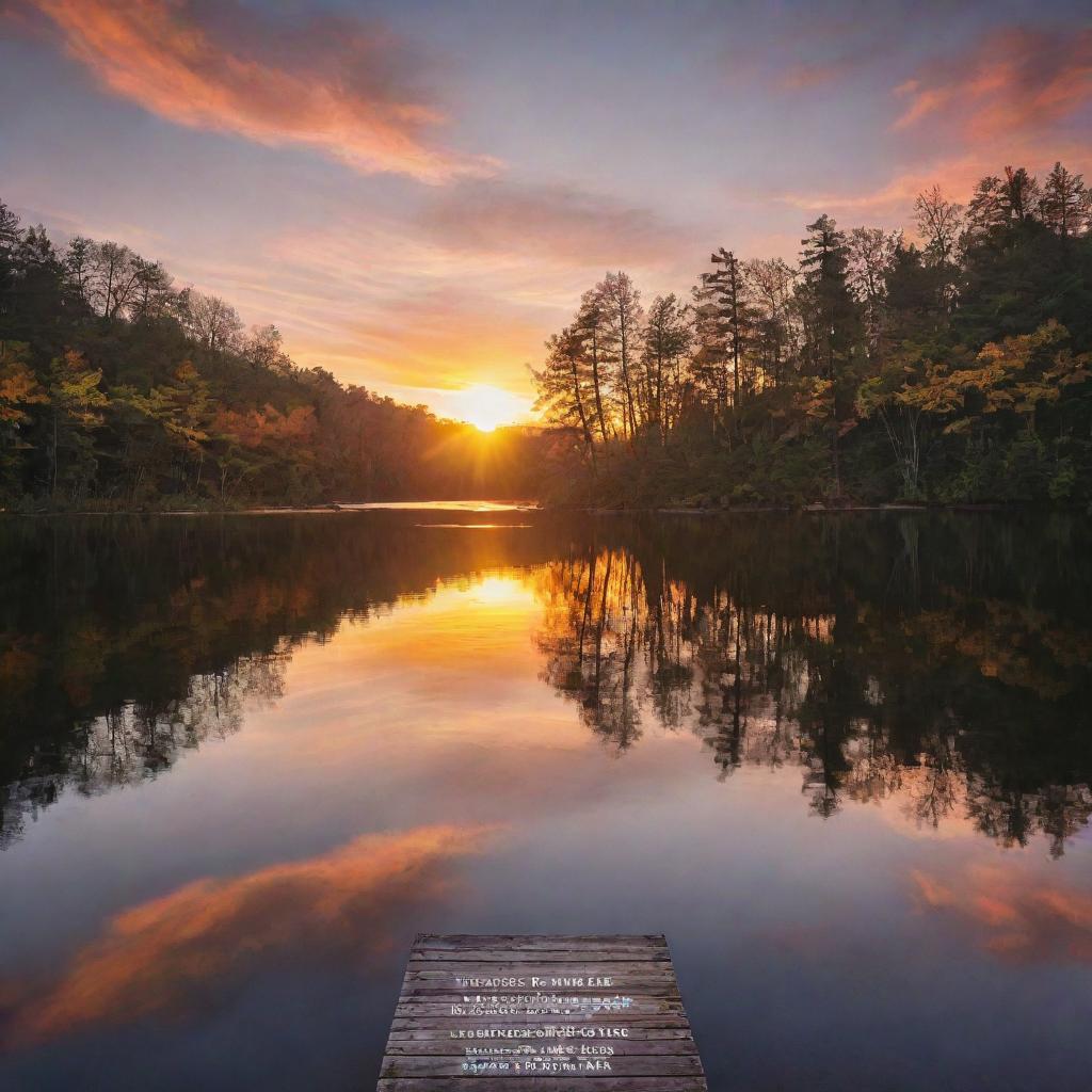 An inspirational quote elegantly written on a nature-themed background featuring a vibrant sunrise over a calm lake.