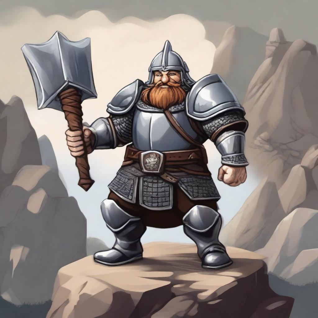 A detailed illustration of a dwarf knight, with a stout and muscular build, wearing shining armor and a helmet