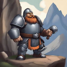 A detailed illustration of a dwarf knight, with a stout and muscular build, wearing shining armor and a helmet