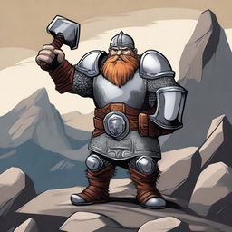 A detailed illustration of a dwarf knight, with a stout and muscular build, wearing shining armor and a helmet