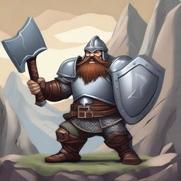 A detailed illustration of a dwarf knight, with a stout and muscular build, wearing shining armor and a helmet