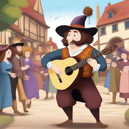 A whimsical cartoon bard resembling Aaron Taylor Johnson