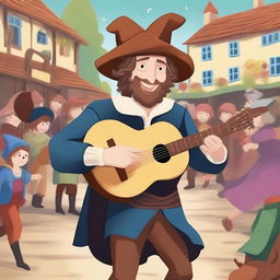 A whimsical cartoon bard resembling Aaron Taylor Johnson