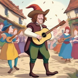 A whimsical cartoon bard resembling Aaron Taylor Johnson