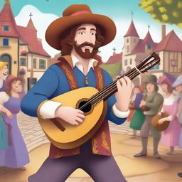 A whimsical cartoon bard resembling Aaron Taylor Johnson