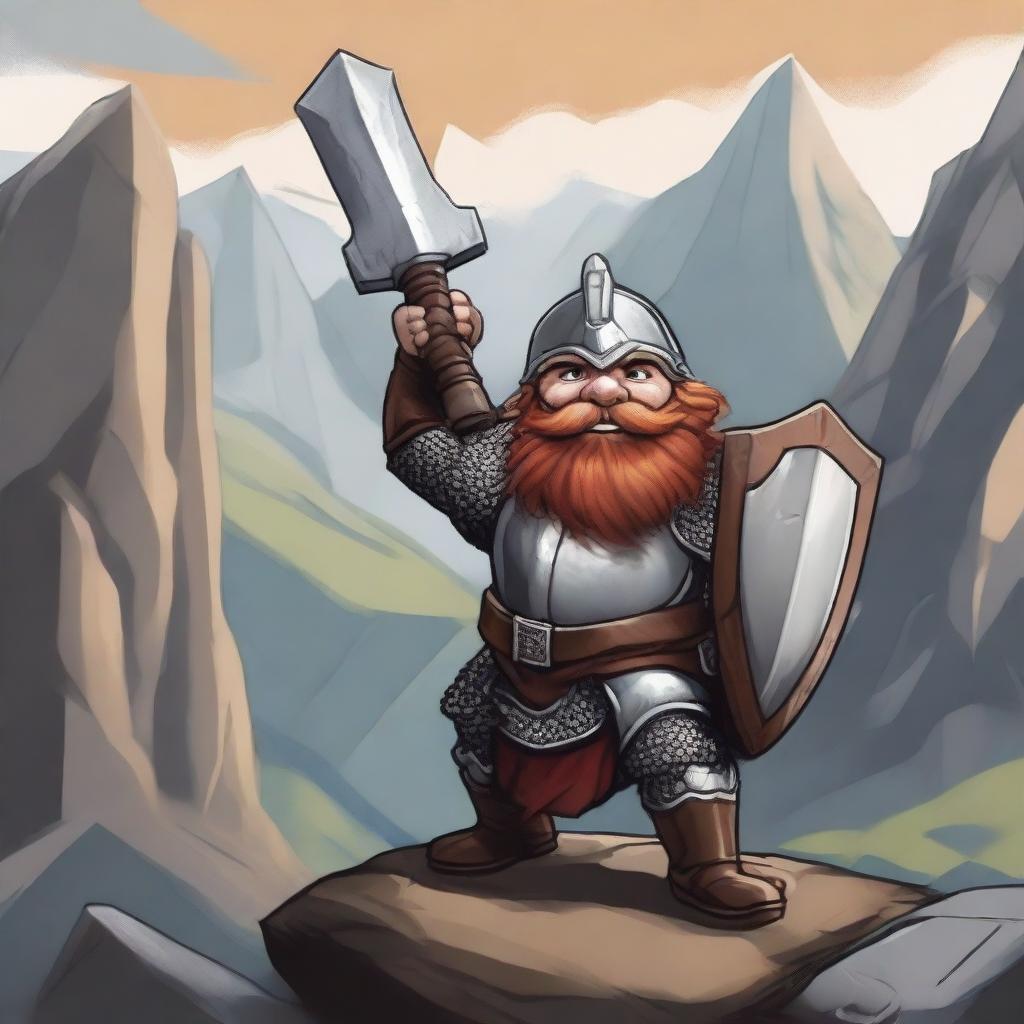 A detailed illustration of a dwarf knight with red hair, wearing shining armor and a helmet