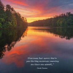 An inspirational quote elegantly written on a nature-themed background featuring a vibrant sunrise over a calm lake.