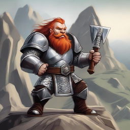 A detailed illustration of a dwarf knight with red hair, wearing shining armor and a helmet