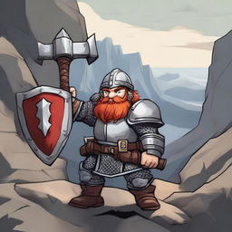 A detailed illustration of a dwarf knight with red hair, wearing shining armor and a helmet