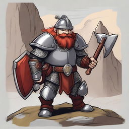 A detailed illustration of a dwarf knight with red hair, wearing shining armor and a helmet