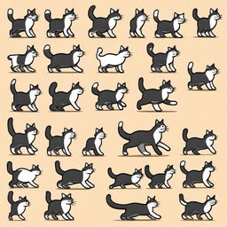 A sprite sheet with 16 frames of a cat walking, each frame showing a slight variation in the cat's movement to create a continuous walking animation