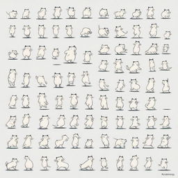 A sprite sheet with 16 frames of a cat walking, each frame showing a slight variation in the cat's movement to create a continuous walking animation