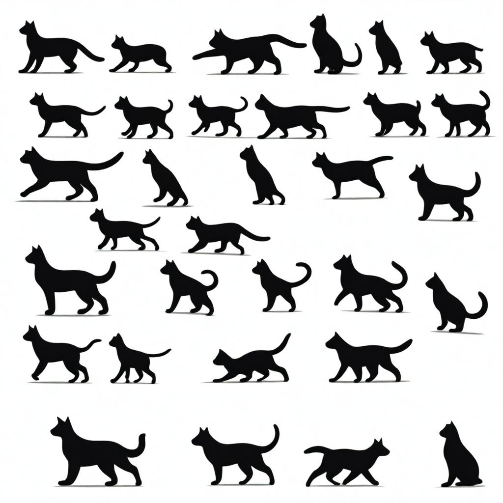 A sprite sheet with 16 frames of a cat walking, each frame showing a slight variation in the cat's movement to create a continuous walking animation