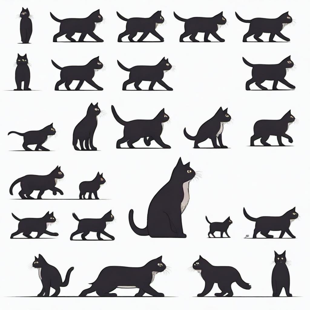 A sprite sheet with 16 frames of a cat walking, each frame showing a slight variation in the cat's movement to create a continuous walking animation