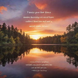 An inspirational quote elegantly written on a nature-themed background featuring a vibrant sunrise over a calm lake.