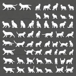 A sprite sheet with 16 frames of a cat walking, each frame showing a slight variation in the cat's movement to create a continuous walking animation