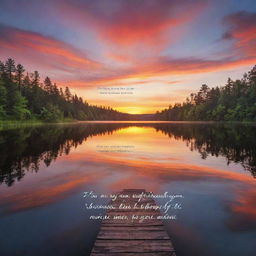 An inspirational quote elegantly written on a nature-themed background featuring a vibrant sunrise over a calm lake.