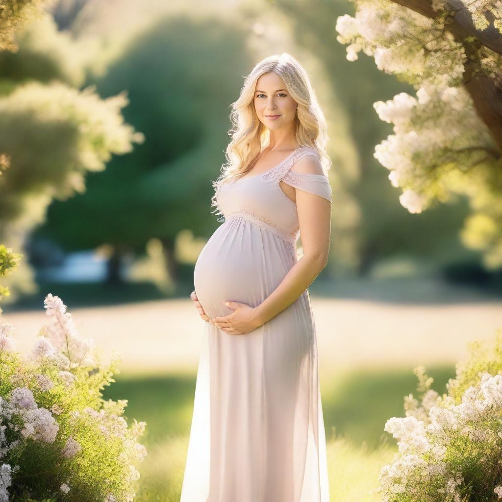 A beautiful pregnant woman with blonde hair, wearing a flowing dress, standing in a serene outdoor setting with a gentle smile on her face