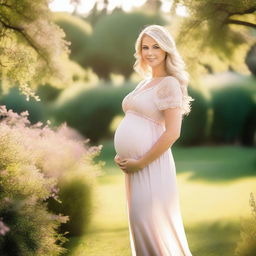 A beautiful pregnant woman with blonde hair, wearing a flowing dress, standing in a serene outdoor setting with a gentle smile on her face