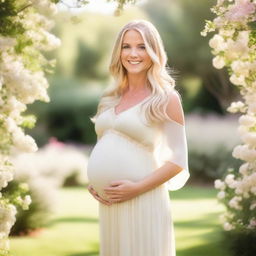 A beautiful pregnant woman with blonde hair, wearing a flowing dress, standing in a serene outdoor setting with a gentle smile on her face