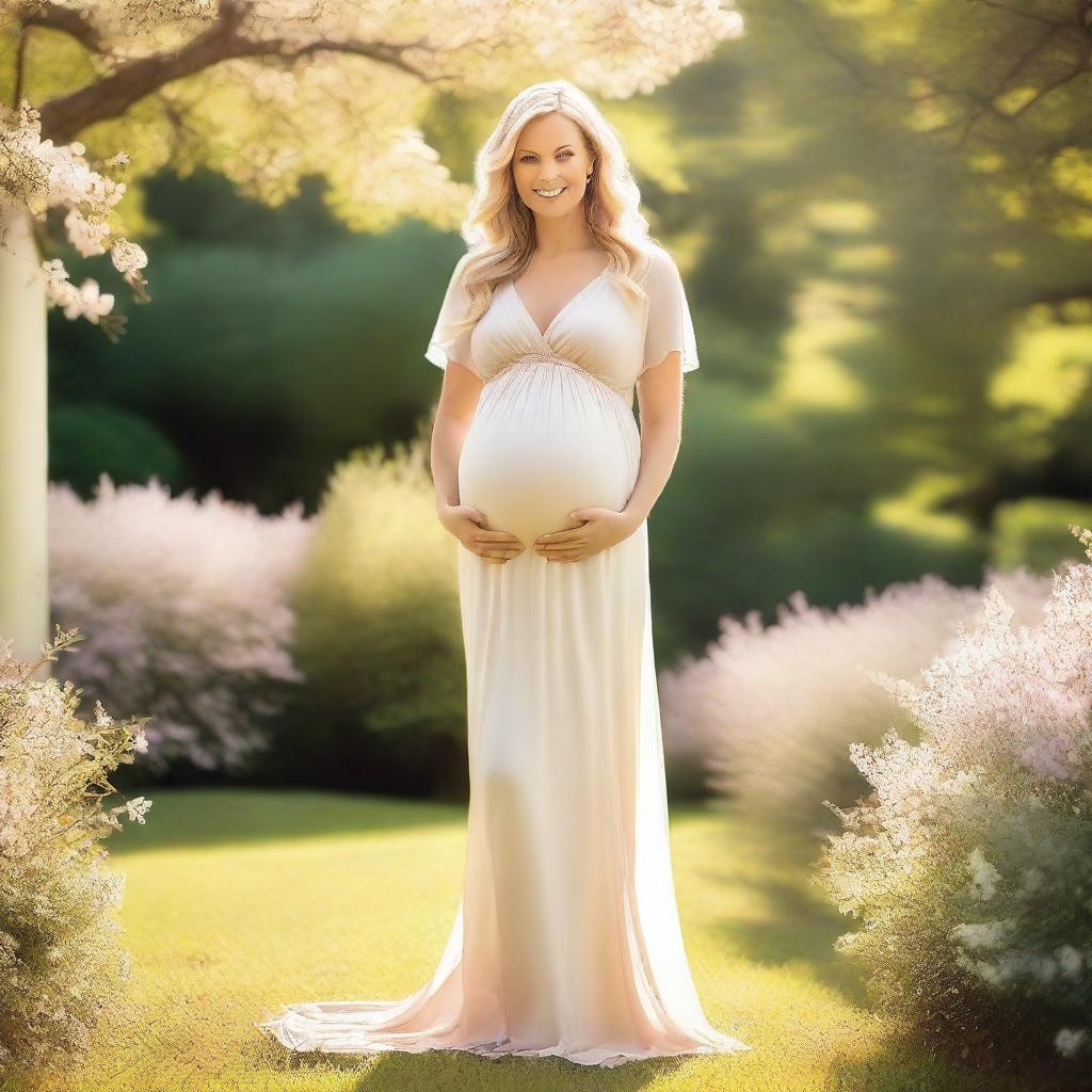 A beautiful pregnant woman with blonde hair, wearing a flowing dress, standing in a serene outdoor setting with a gentle smile on her face