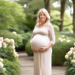 A full body view of a pretty 50-year-old pregnant blonde woman