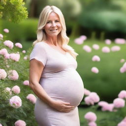 A full body view of a pretty 50-year-old pregnant blonde woman