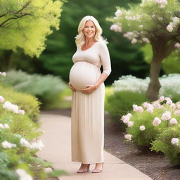 A full body view of a pretty 50-year-old pregnant blonde woman