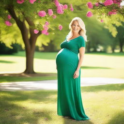 A full body view of a beautiful 45-year-old pregnant blonde woman