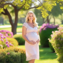 A full body view of a beautiful 45-year-old pregnant blonde woman