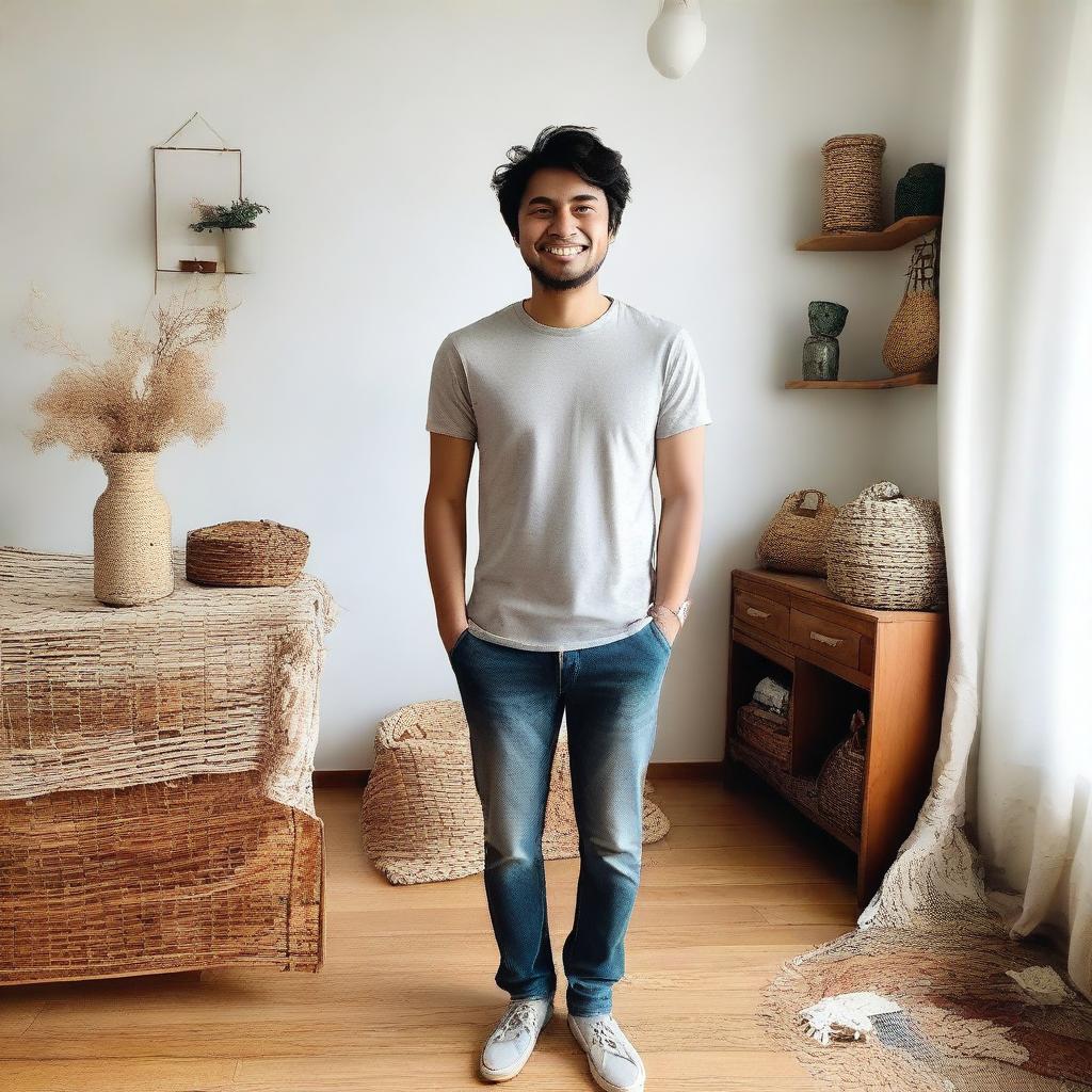 A full body selfie of a person standing in a well-lit room, smiling at the camera