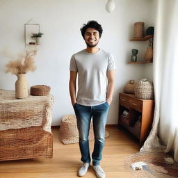 A full body selfie of a person standing in a well-lit room, smiling at the camera