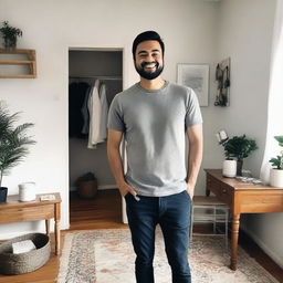 A full body selfie of a person standing in a well-lit room, smiling at the camera