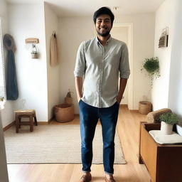 A full body selfie of a person standing in a well-lit room, smiling at the camera