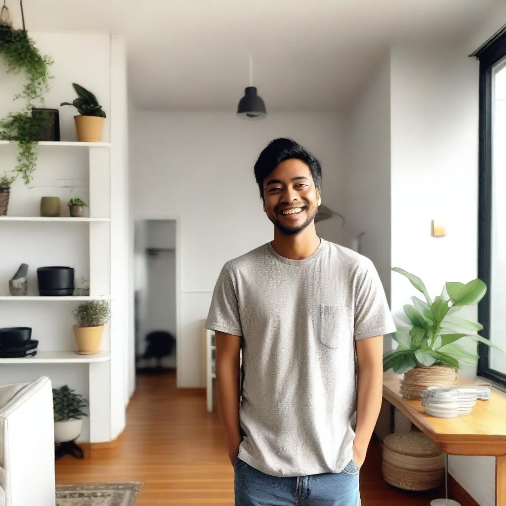 A full body selfie of a person standing in a well-lit room, smiling at the camera